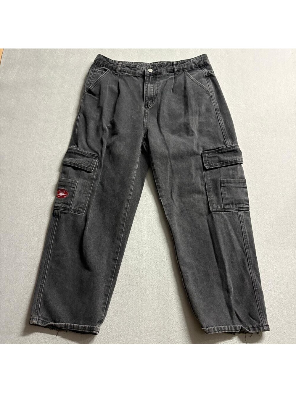 Shein Curve Mens 0XL Gray Denim Cargo Pants Wake Jeans Embroidered Patch